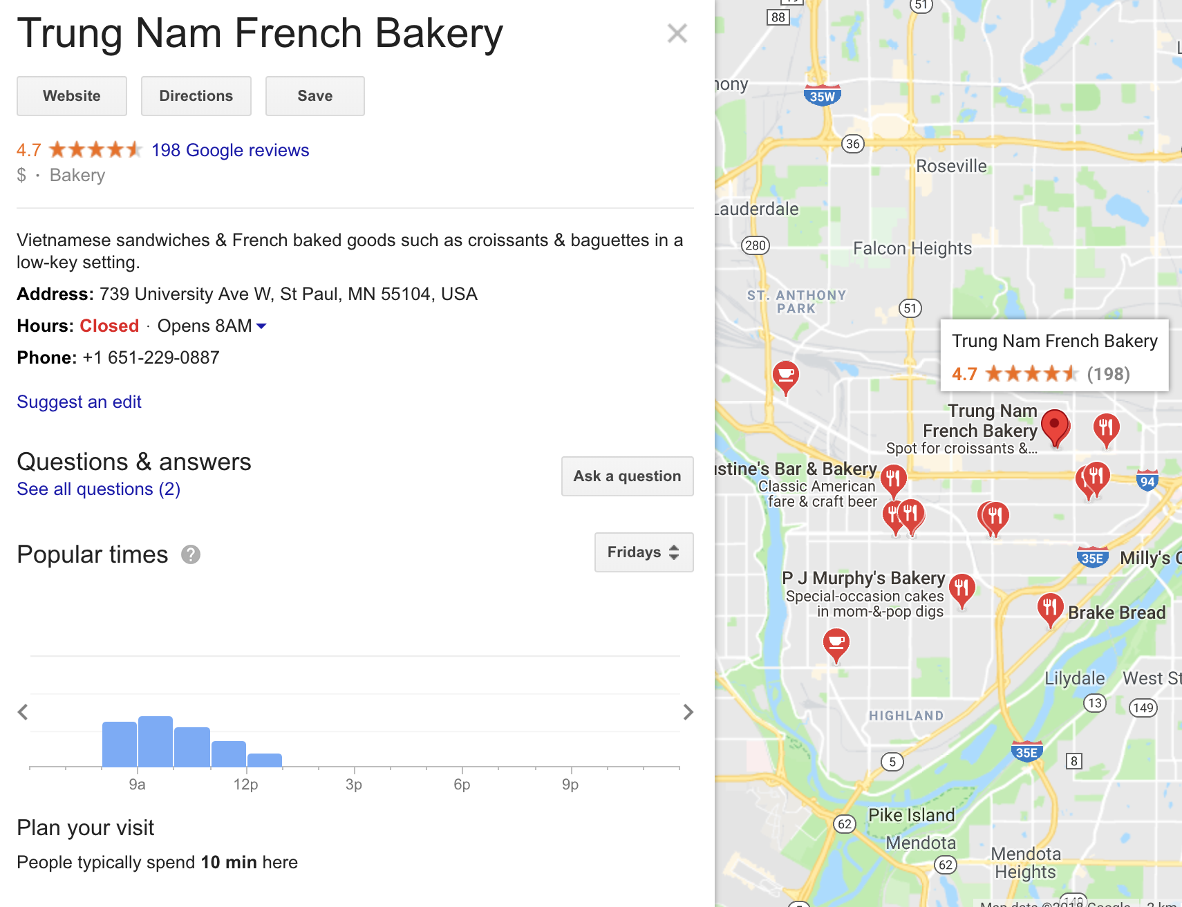 Google My Business Screenshot of Trung Nam French Bakery