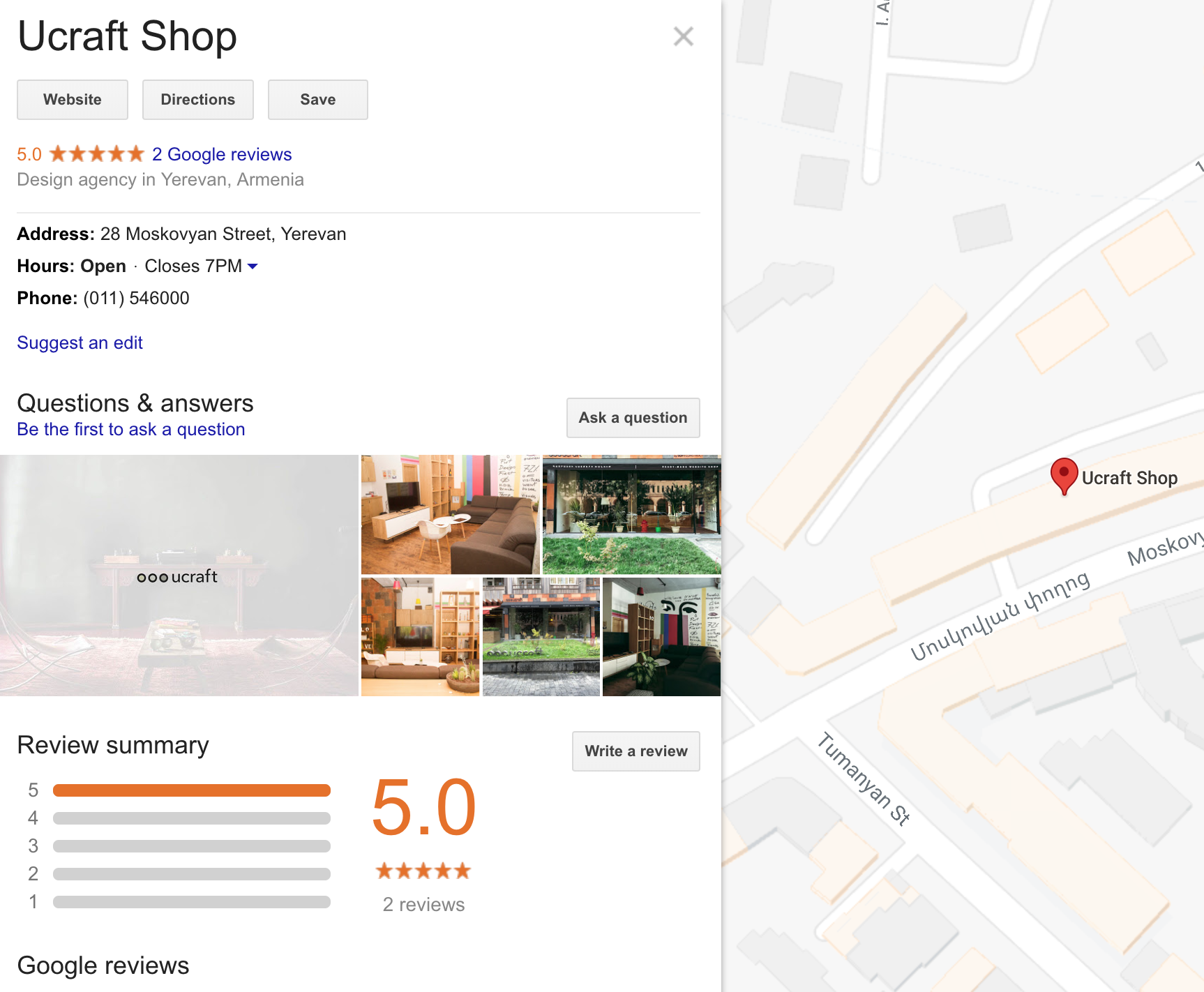 Google My Business Screenshot of Ucraft Shop