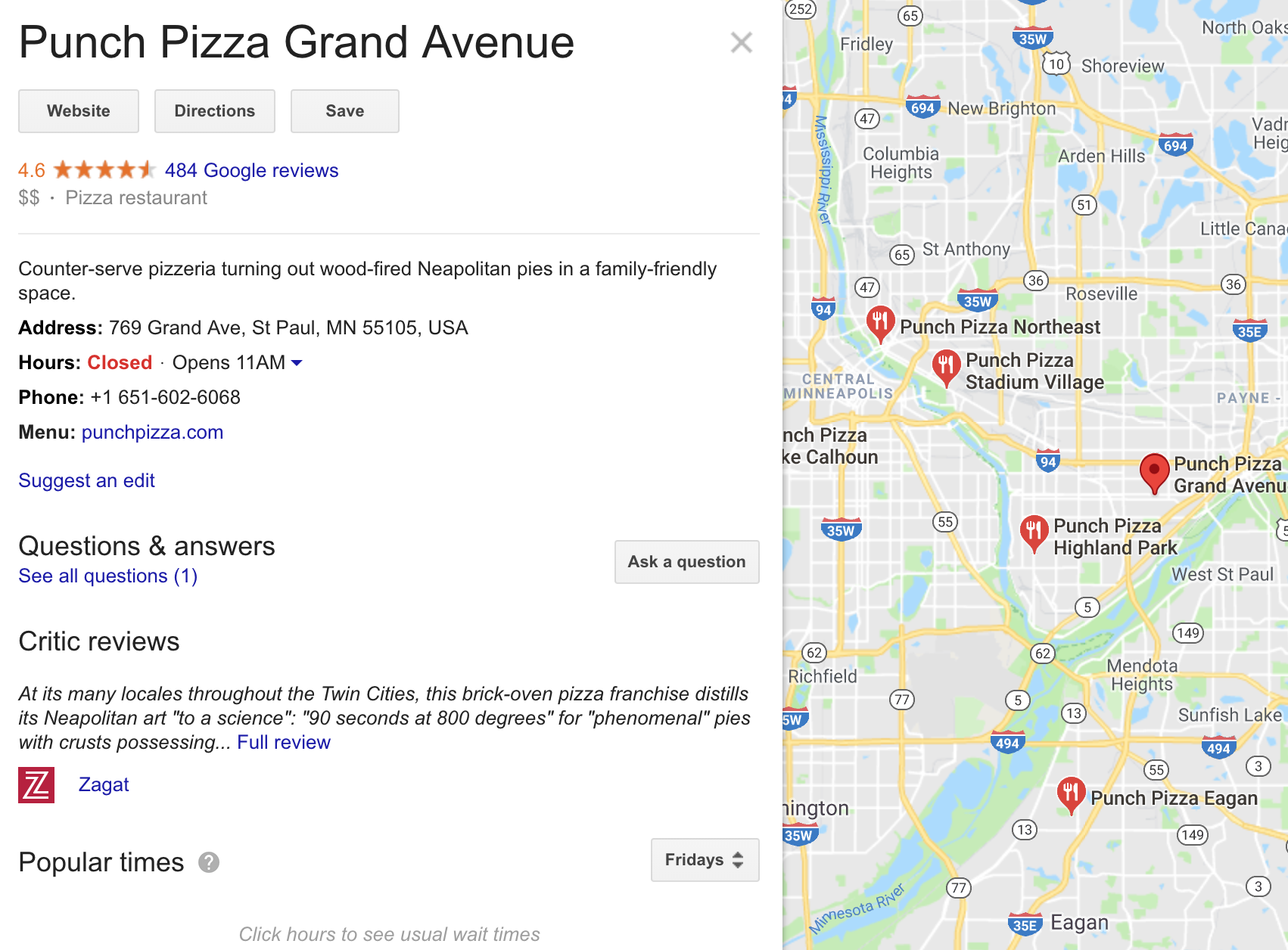 Google My Business Screenshot of Punch Pizza Grand Avenue